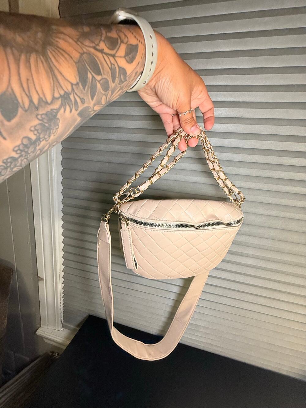 Women’s Quilted Belt Bag Crossbody Purse Ivory Cream Gold Chain Convertible